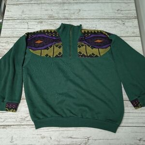 Vintage Karuba Quarter Zip Geometric Green Colorful Sweater Size Medium